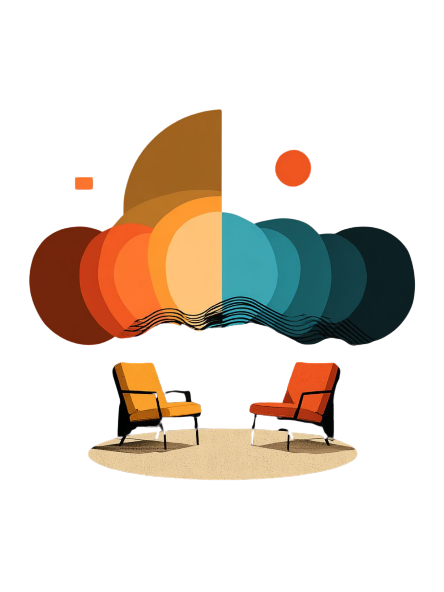 An illustration of two chairs facing each other beneath a cloud of layered colour.
